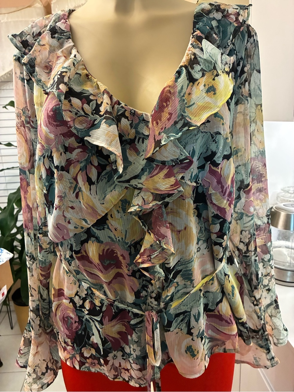 Floral, long sleeve flutter, ruffle shirt with belt